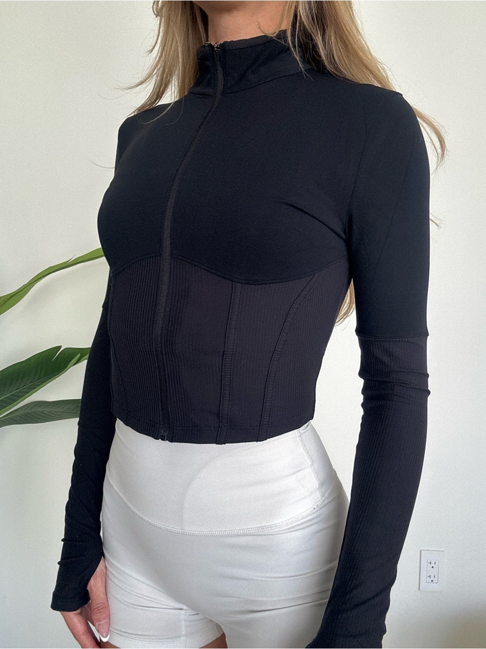 Women's Black Zip-Front Long Sleeve Top